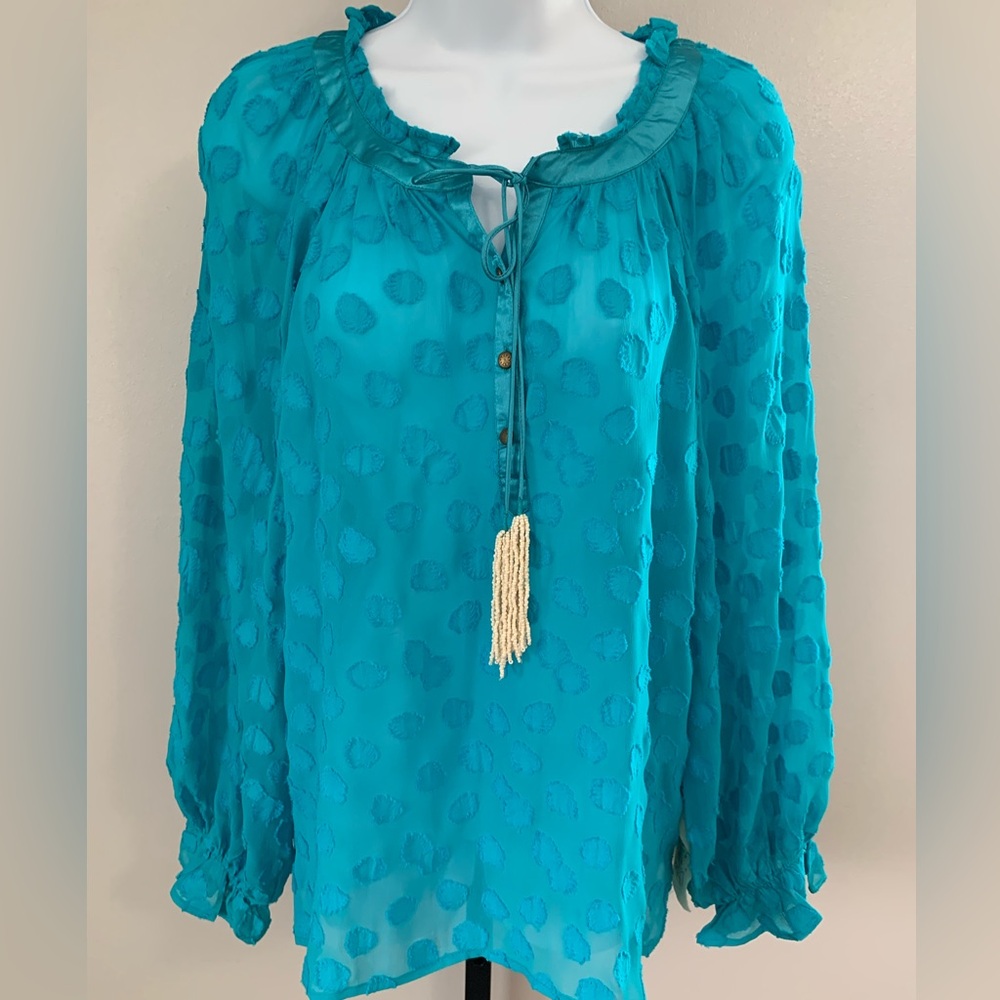 NWT Aratta Maven Blouse- Turquoise Textured Peasant Blouse with Tassel Tie